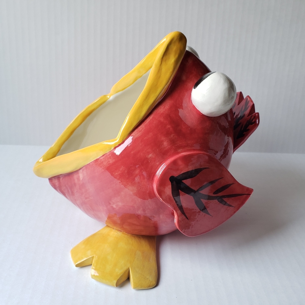 Studio Art Pottery Big Mouth Bird Signed Red Yellow Ceramic Cute 9" Wide NWOT - Picture 4 of 10